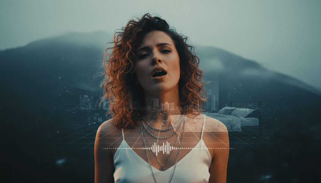 一个在霓虹灯闪烁的黄昏城市中剪影的模糊身影，带有微妙的数字效果，反映了'What Was That'的神秘氛围。