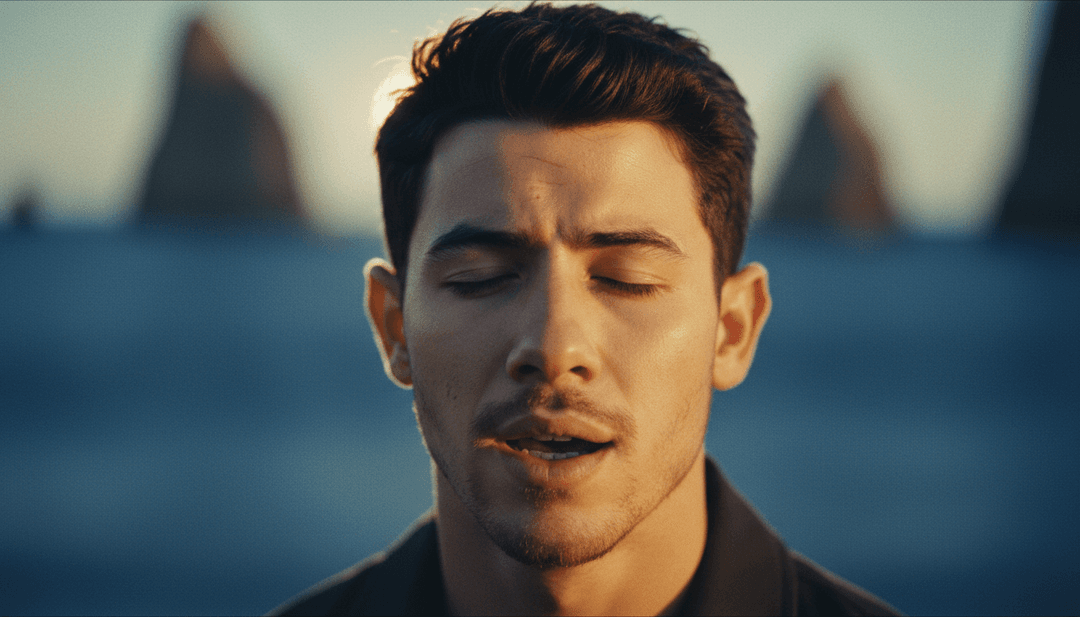 一个由 AI 生成的 Jonas Brothers 的《Love Me To Heaven》的成品、充满活力的音乐视频，展示了动态过渡和发光效果，前景是用户友好的界面。