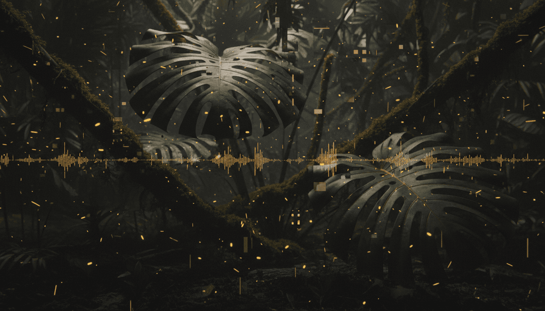 Visuales abstractos que representan los bajos profundos y las texturas rítmicas de la canción 'Jungle' de Fred again.., generados por IA.