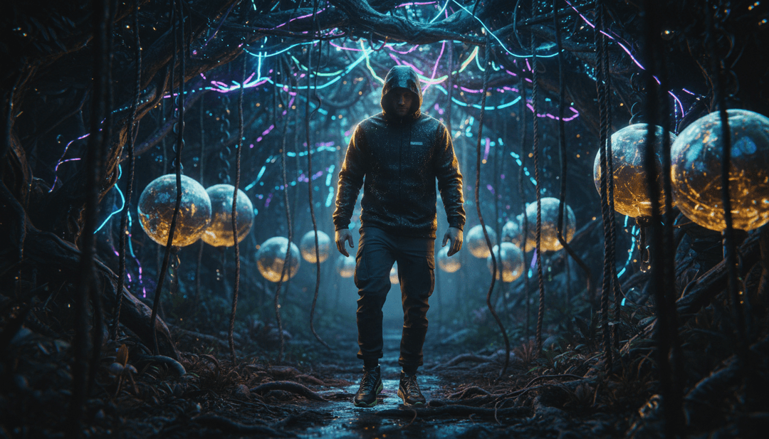 Patrones de luz dinámicos y flora digital reaccionando a las subidas y caídas melódicas específicas en 'Jungle' de Fred again.., demostrando la sincronización visual impulsada por IA.