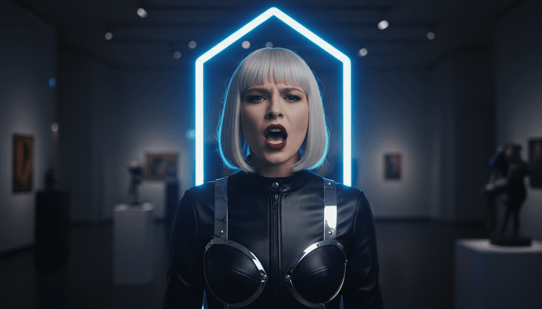 'Don't Blame Me'의 강렬함과 어두운 낭만주의를 반영하는 다이내믹한 AI 생성 뮤직 비디오 장면.