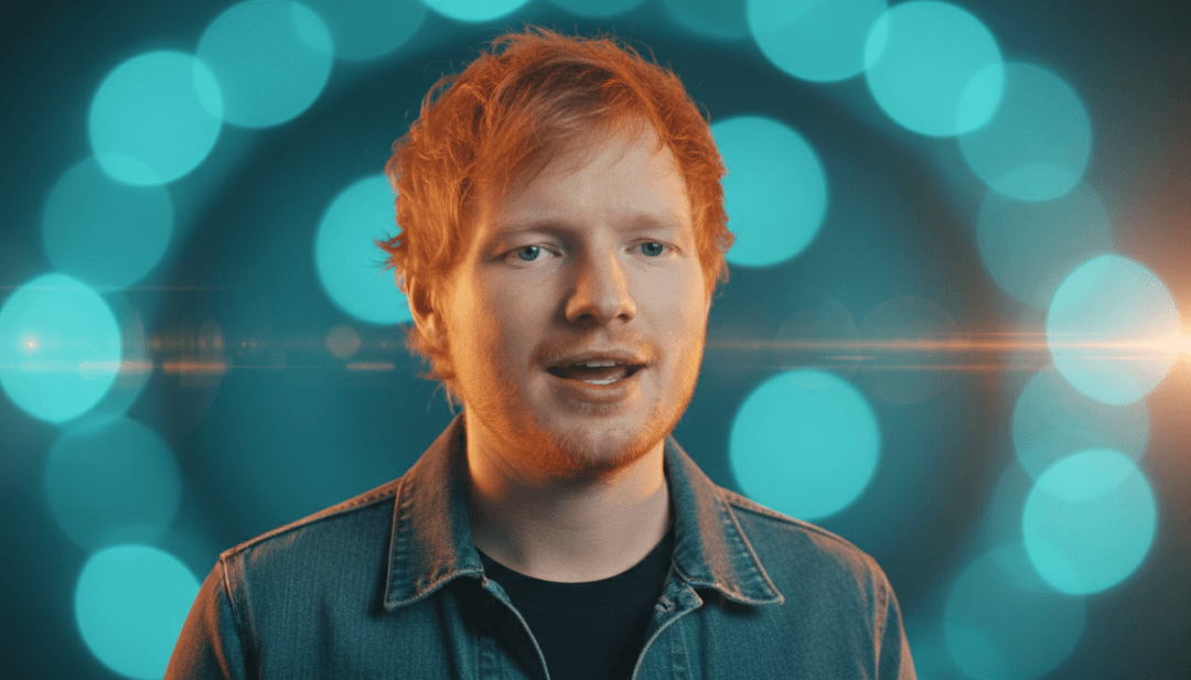 사용자가 freebeat.ai 브랜딩과 함께 대형 화면에서 'Shape of You'의 AI 생성 뮤직 비디오를 자랑스럽게 시청하는 모습.