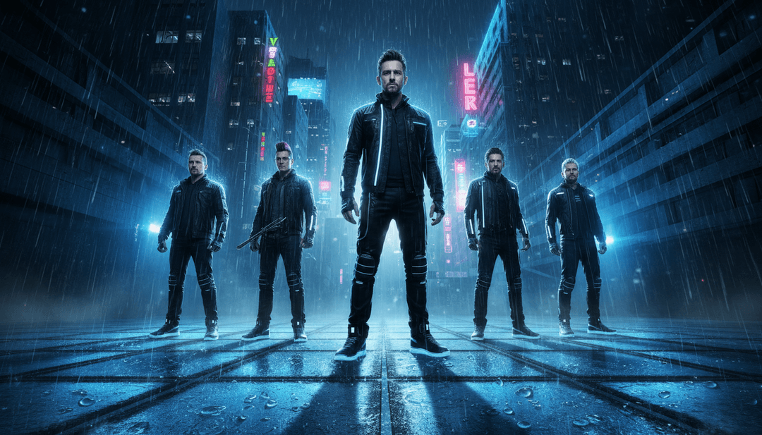 Dynamische Visuals, die eine Stadtlandschaft zeigen, die sich während eines Rock-Gitarrenriffs in Pixel auflöst und zu einer einzelnen Figur inmitten eines Sturms übergeht, was den Aufbau und die Entladung in 'In the End' widerspiegelt.