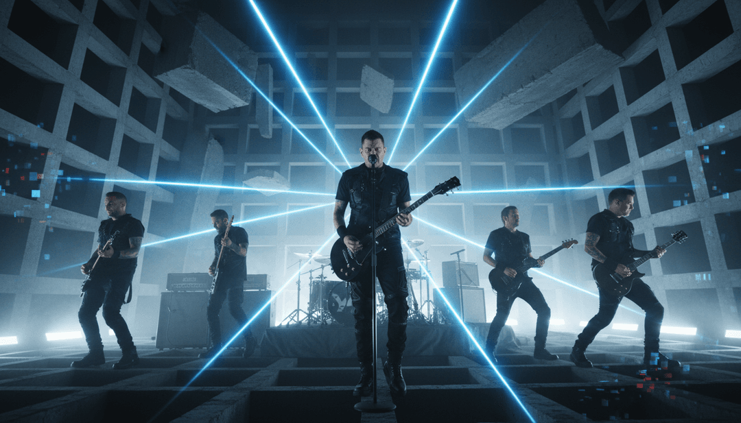 Eine Hand, die nach einer holographischen Projektion des 'In the End' Musikvideos greift und die Benutzerinteraktion mit den kreativen Tools von freebeat.ai demonstriert.