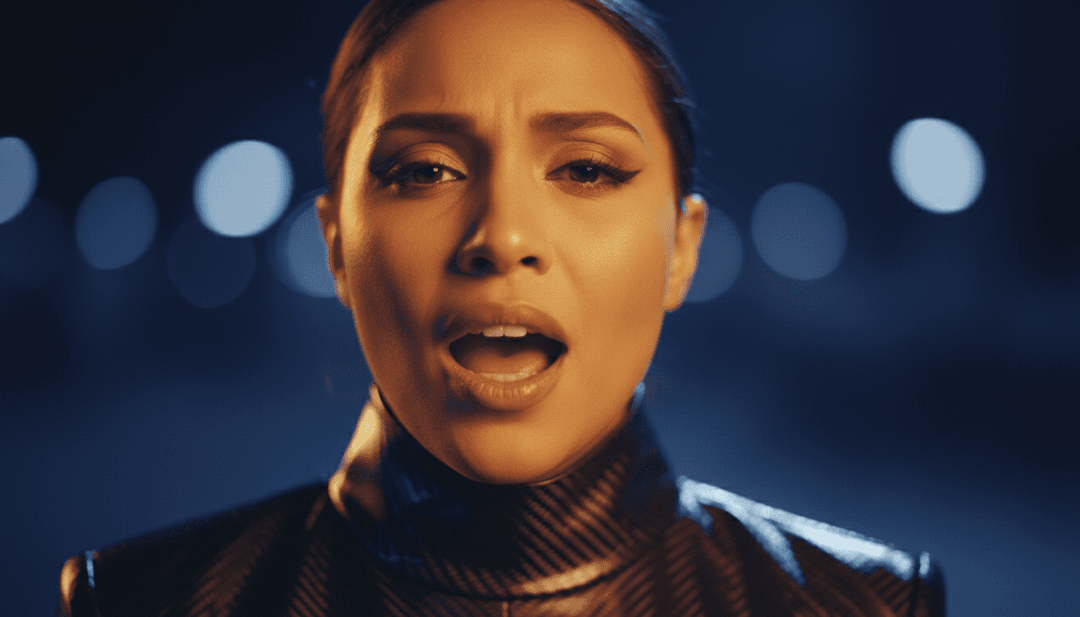 戲劇性的 AI 生成序列，展示歌手在被雨水沖刷的城市景觀中，水坑中散發出微弱的火光，反映歌曲的能量。