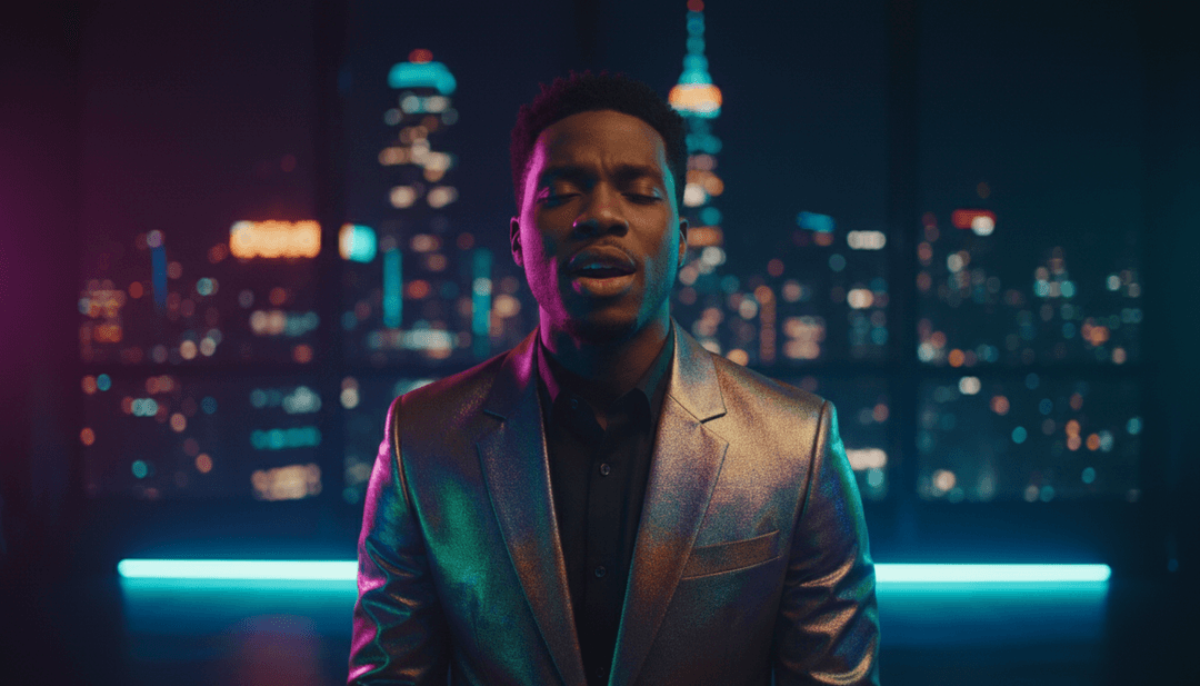 Khalid's 보컬 파형이 소용돌이치는 연기 패턴으로 변하고 Disclosure's 전자 비트가 깜박이는 빛 격자로 변하는 역동적인 시각화로 AI의 창작 과정을 보여줍니다.