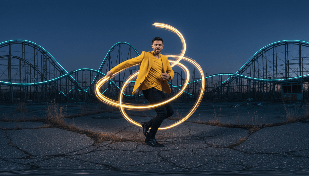 Elementos visuales como figuras bailando, paisajes urbanos coloridos y caras sonrientes fusionándose dinámicamente con ondas de audio, representando la conversión de MP3 a MP4.