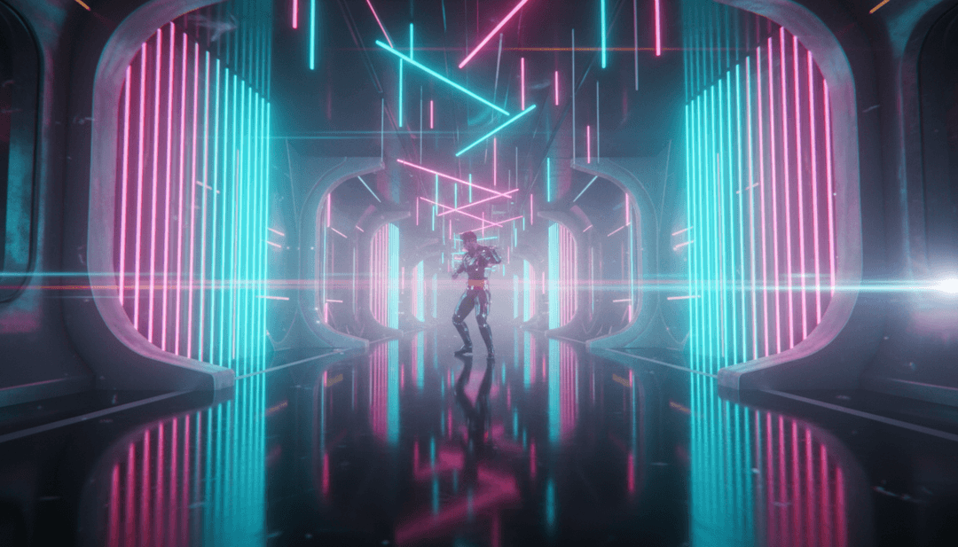 Dynamische Visuals, die die Synth-Beats und das vokale Zusammenspiel in "Troublemaker" darstellen, zeigen eine KI-generierte Szene einer spielerischen Verfolgungsjagd durch eine nächtliche Stadt.