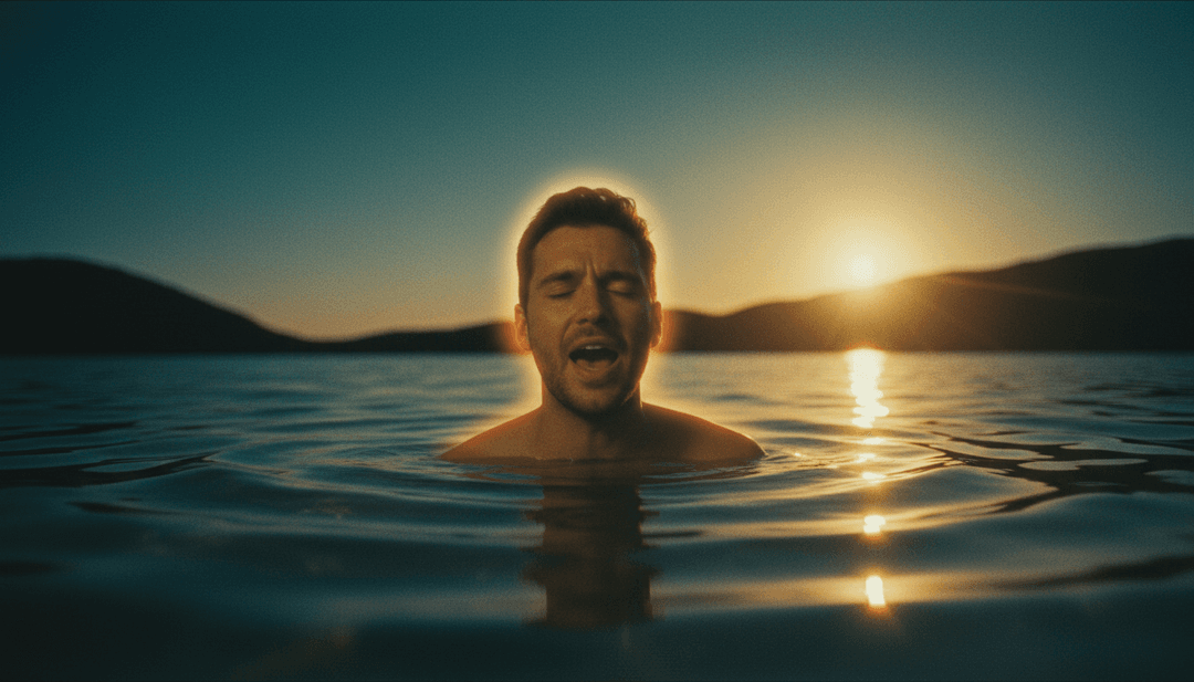 Visual abstrato representando um videoclipe completo para 'Scared To Start' sendo reproduzido em uma tela, com ferramentas criativas ao redor, convidando à interação do usuário.