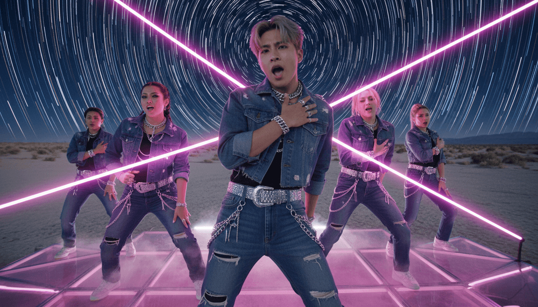 为 'Queencard' 生成的精彩 AI 音乐视频，展示充满活力的 K-Pop 美学，鼓励用户使用 freebeat.ai。