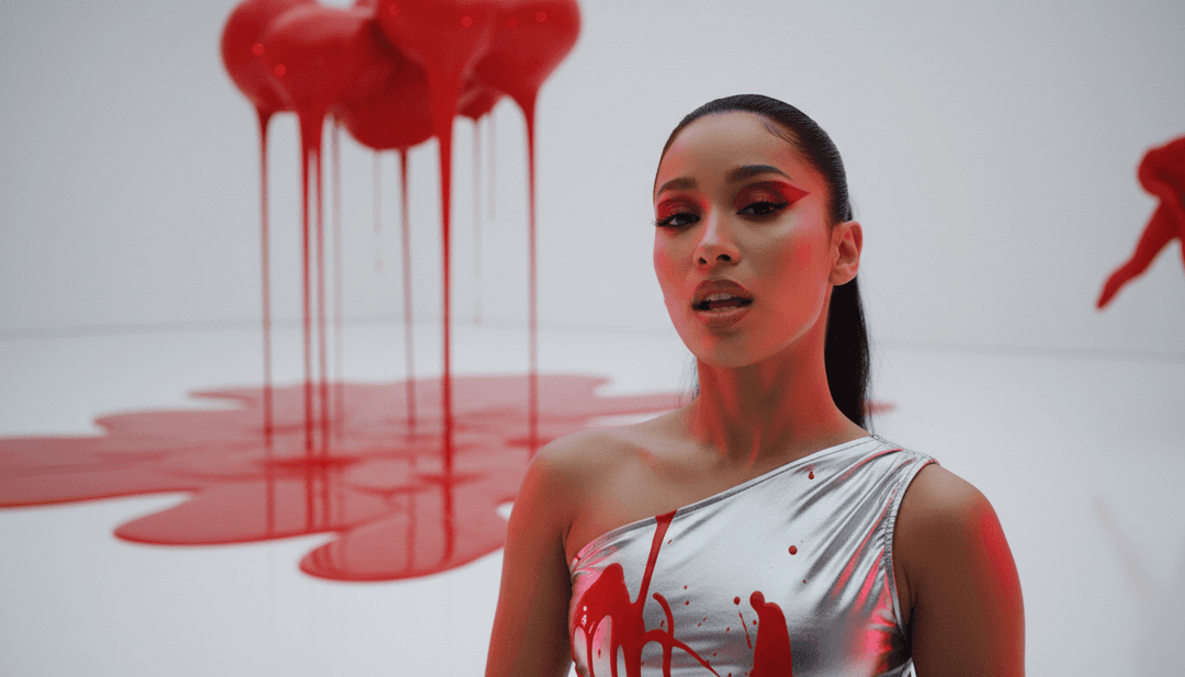 Ein fertiges, lebendiges Musikvideo für "Paint The Town Red" von Doja Cat läuft auf einem Bildschirm, während ein Benutzer glücklich mit der freebeat.ai-Oberfläche im Vordergrund interagiert.