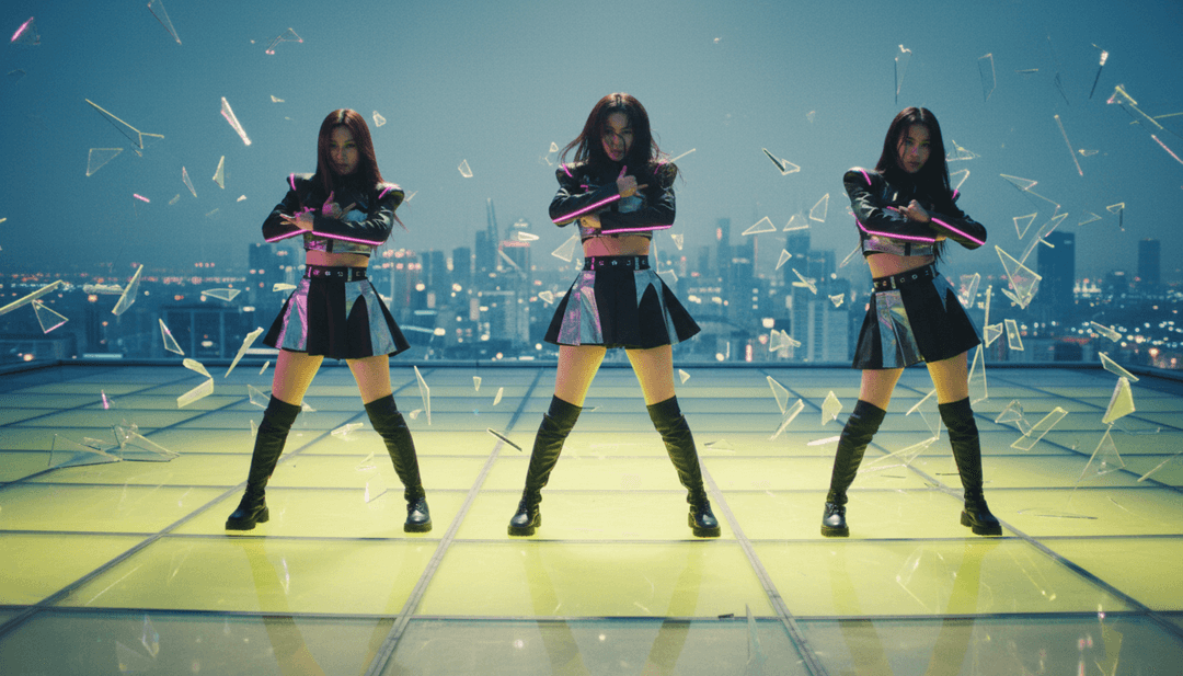 AI 分析 IVE 歌曲 'Kitsch' 複雜層次的抽象表示，展示音符、鮮豔色彩和視覺元素的融合。