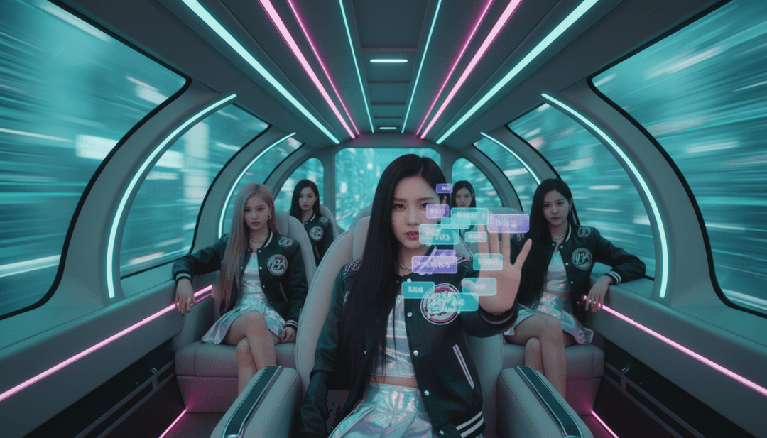 freebeat.ai 的使用者介面展示如何上傳 MP3 檔案並生成自訂音樂影片，背景播放著 IVE 的 'Kitsch'。