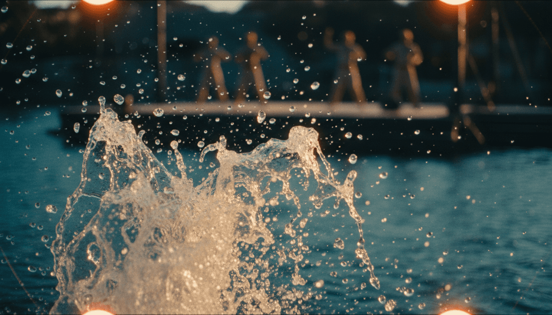 `freebeat.ai`가 Hall & Oates의 보컬 하모니와 에너지 넘치는 기악 브레이크와 같은 특정 노래 요소를 역동적인 시각적 장면, 아마도 애니메이션 시퀀스나 몽타주 샷으로 변환하는 시각적 표현.