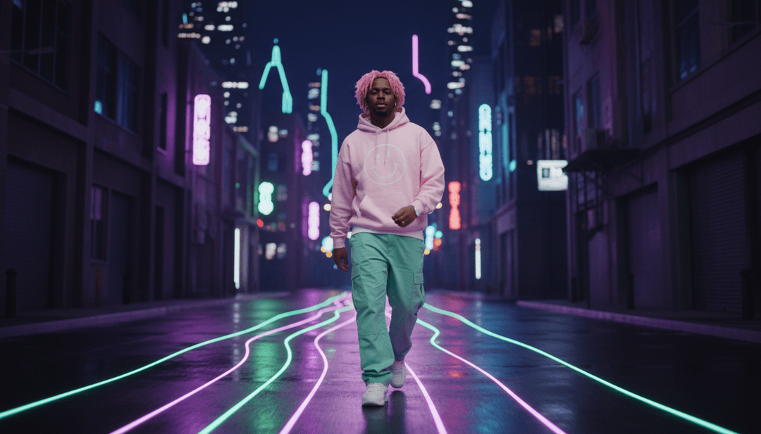 Imagen conceptual de IA analizando los elementos R&B y soul de la canción 'Yummy' de Justin Bieber, representada con ondas sónicas arremolinadas y flujos de datos visuales abstractos, representando su interpretación creativa inicial.