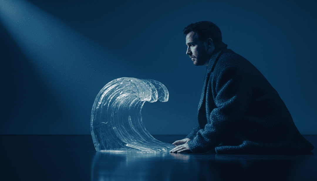 IA interpretando los acordes melancólicos de piano y la expresión vocal cruda de Lewis Capaldi para 'Someone You Loved', visualizando una escena nostálgica y tenuemente iluminada.