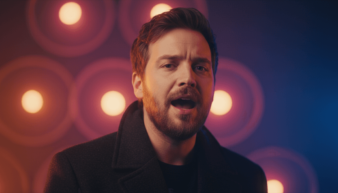 Representación abstracta de la voz de Lewis Capaldi transformándose en elementos visuales como lluvia cayendo, recuerdos parpadeantes y una figura solitaria caminando a través de un paisaje brumoso, representando el viaje emocional de la canción.