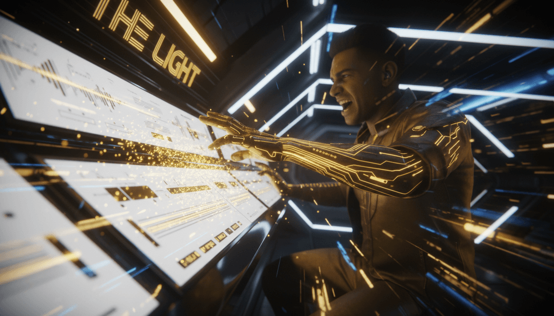 Una imagen pulcra y vibrante de un video musical que presenta patrones de luz abstractos y una representación estilizada del título de la canción "The Light", mostrando contenido generado por IA.