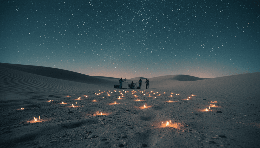 动态动画视觉效果，描绘了从音频波形到生动流畅场景的无缝过渡，反映了音乐视频的创作过程。