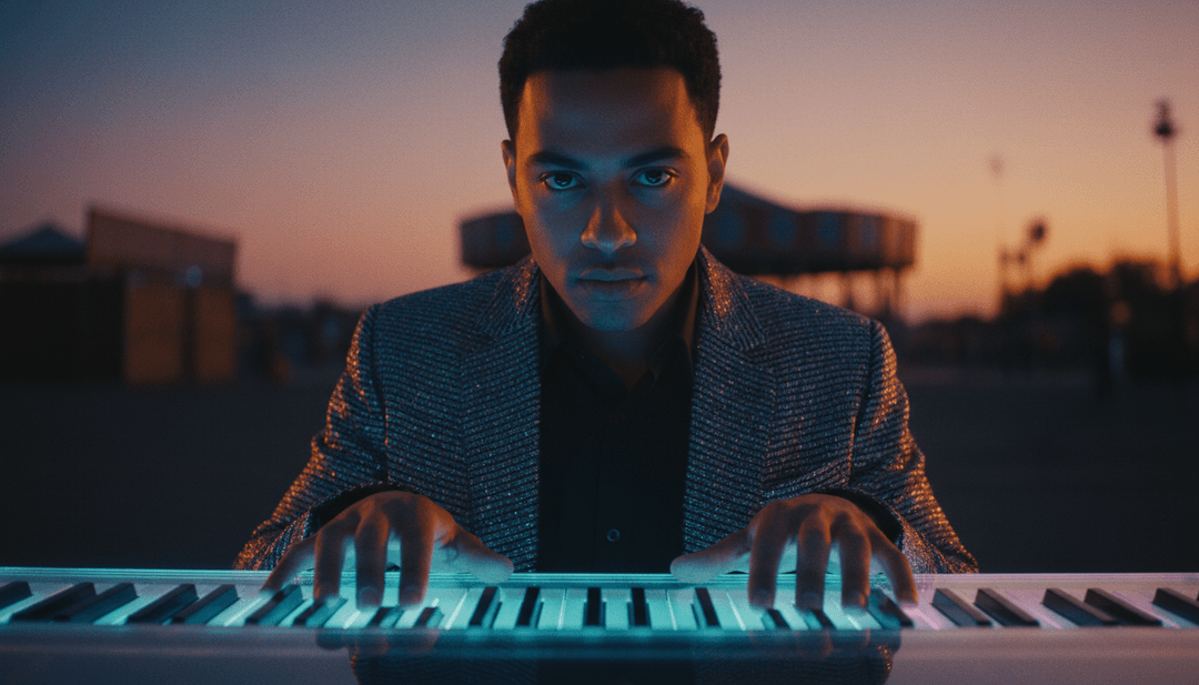 一轮数字夕阳以温暖的色调点缀天空，象征着 AI 对 JVKE 的 "golden hour" 的诠释。