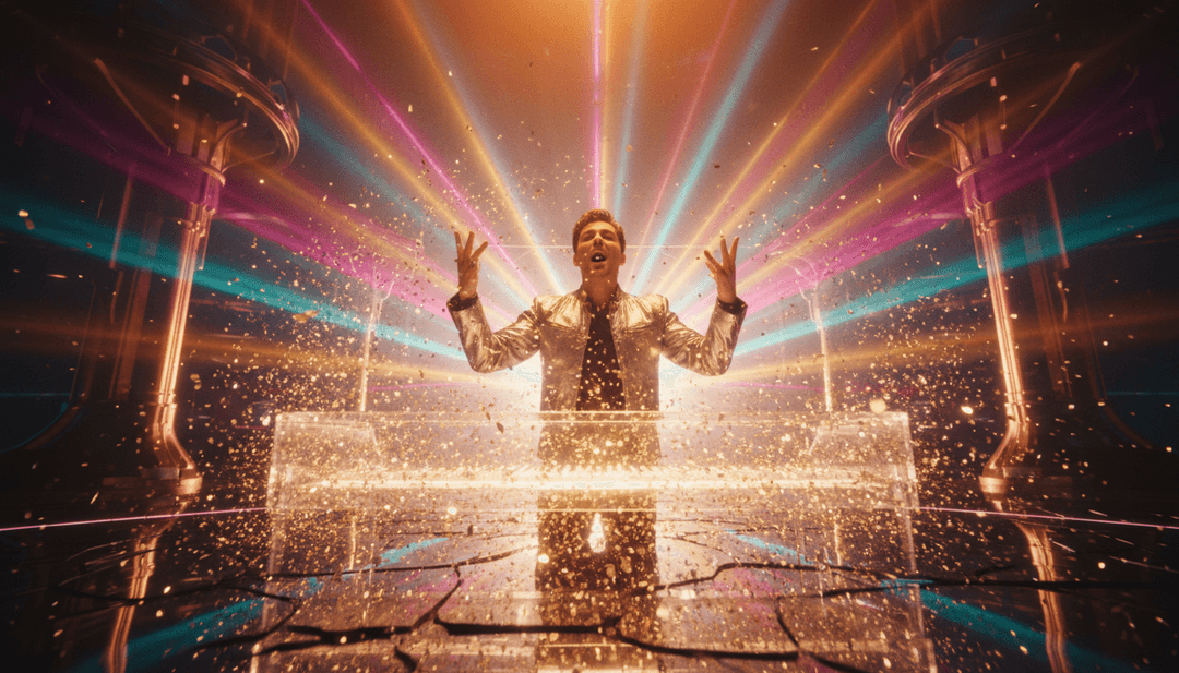 一群不同的创作者兴奋地在各种屏幕上观看他们独特的 AI 生成音乐视频，展示了顶级音乐视频生成器的强大功能。