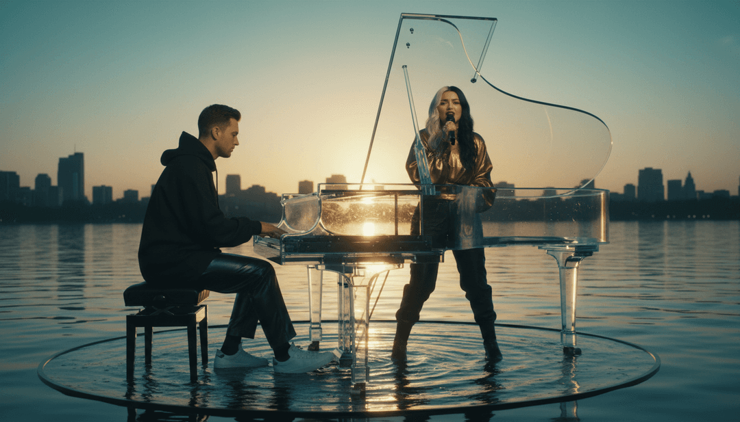 Un fotograma final y pulido de video musical para 'Whatever', que muestra colores vibrantes y calidad de producción profesional, invitando a la interacción del usuario.