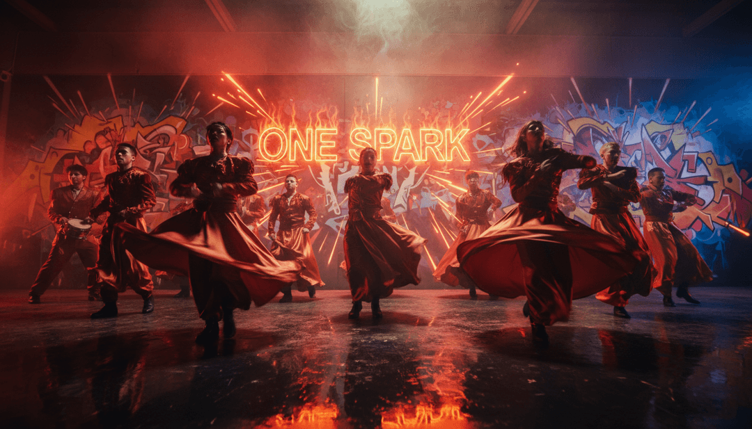 與電子流行音樂同步的 K-pop 舞蹈動作動畫序列，具有發光的能量線。