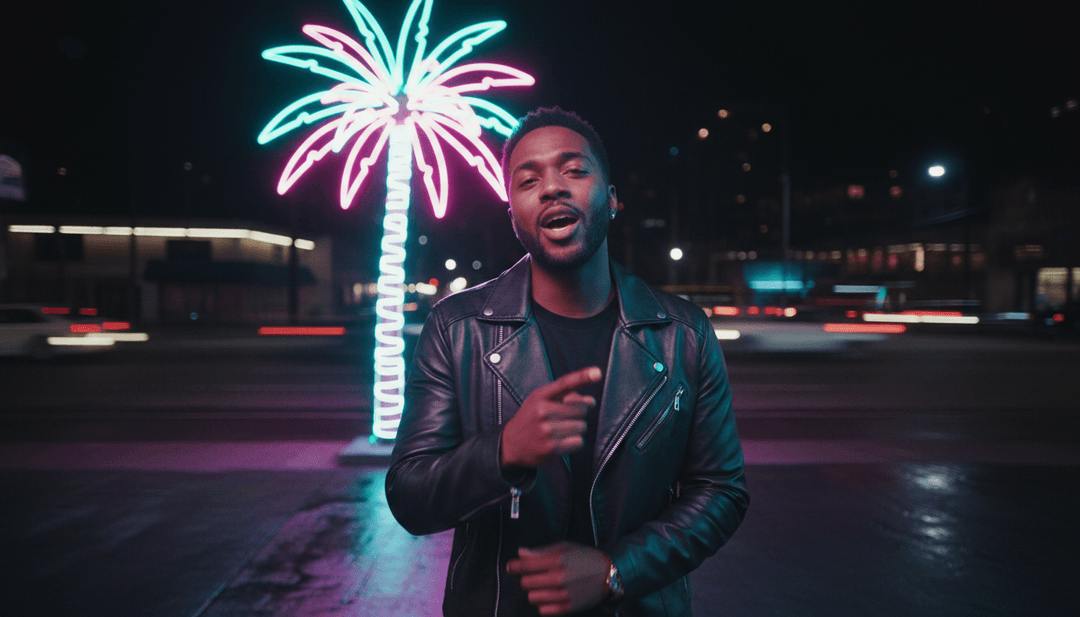 Escenas dinámicas generadas por IA para el video musical 'Lay It On Me' de Kevin George, con paisajes urbanos de neón y momentos íntimos