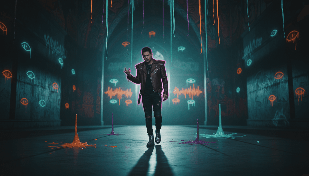 Représentation numérique abstraite d'une personne flottant dans l'espace, entourée de notes de musique et de lumière, symbolisant le concept 'Sky Walker'.