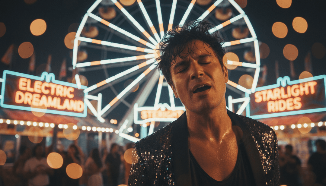 屏幕上播放的 d4vd 歌曲《Romantic Homicide》的戏剧性 AI 生成音乐视频，带字幕。