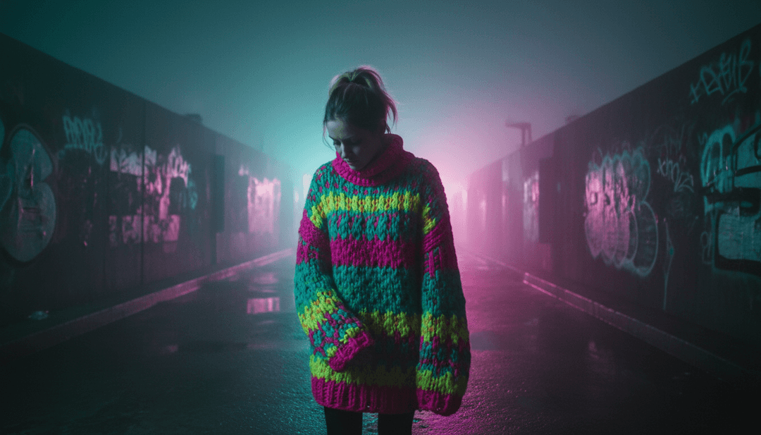 Eine KI-Oberfläche, die Schallwellen und Liedtextmuster analysiert und lebendige Synth-Pop-Visual-Konzepte für Mae Stephens' Song generiert.