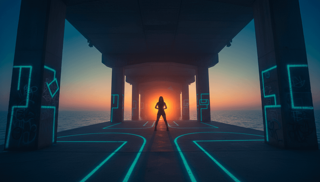 Animierte Szenen eines Protagonisten, der sich durch Stadtlandschaften bewegt, beleuchtet von leuchtenden Synth-Linien und stilisiertem Text, die die Themen des Liedes verkörpern.