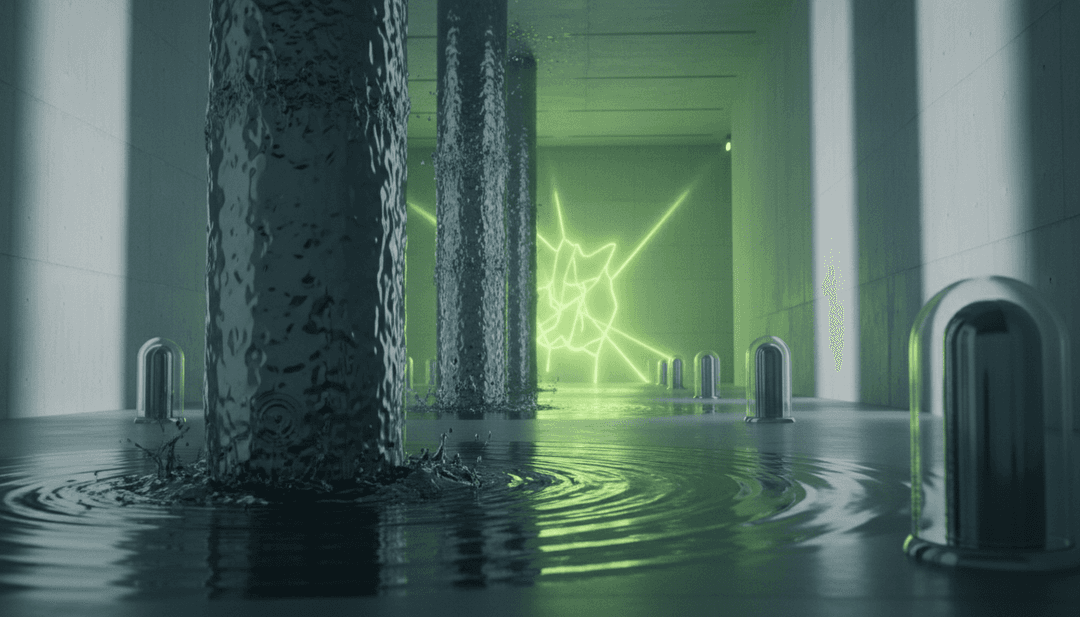 动态城市景观动画，与音乐波形同步，显示虚拟摄像机穿梭于霓虹灯街景。