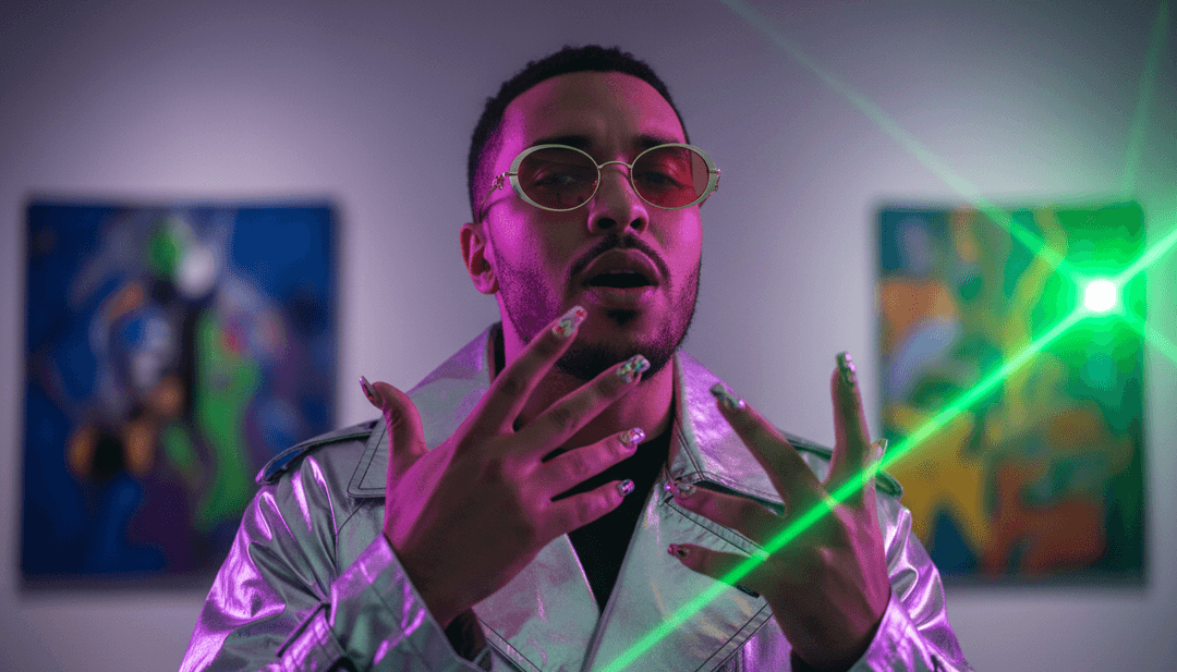 一个完成的音乐视频静态画面，带有风格化的文本叠加和时尚现代的美学，可供社交媒体分享。