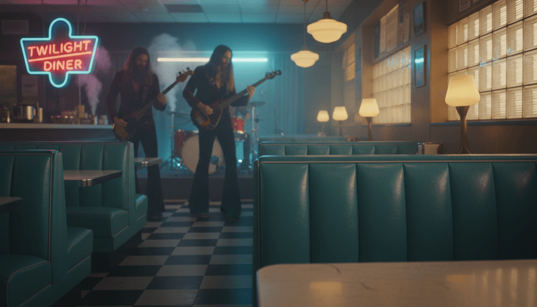 Eine visuelle Darstellung des Audiospektrums, das sich in dynamische Szenen verwandelt, mit fließenden Stoffen, nebligen Landschaften und subtiler Rockkonzertbeleuchtung.