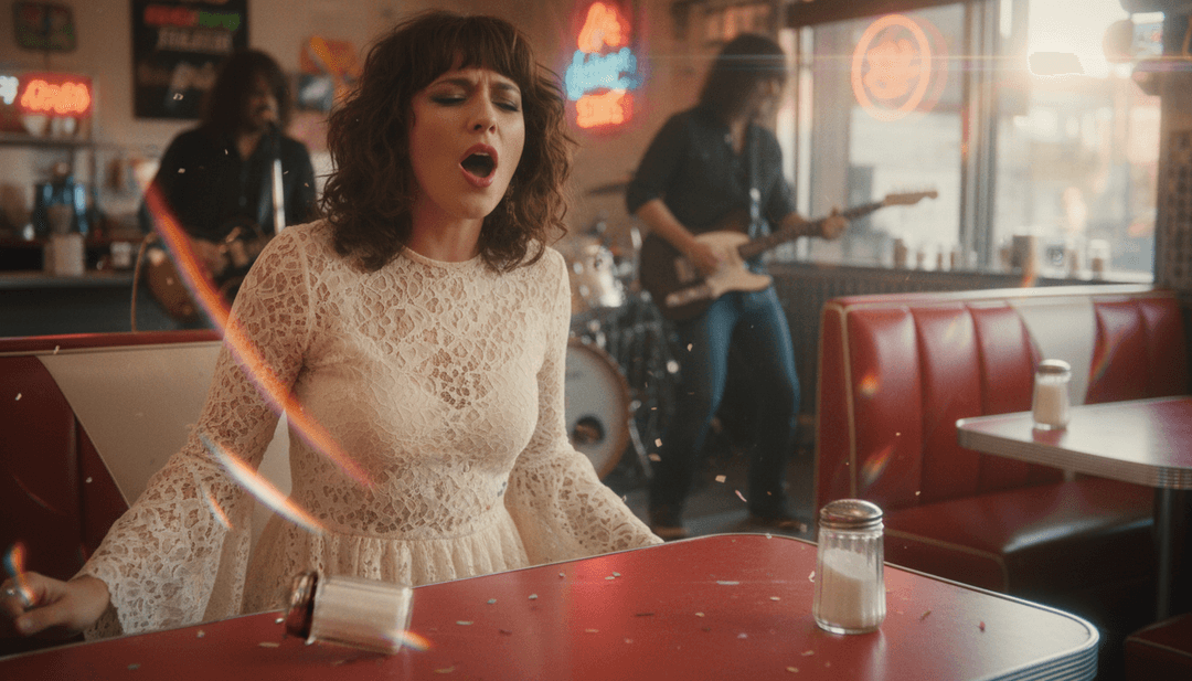 Ein fertiges KI-generiertes Musikvideo für 'Dreams', das auf einem Bildschirm abgespielt wird und atemberaubende Visuals und integrierte Songtexte präsentiert.