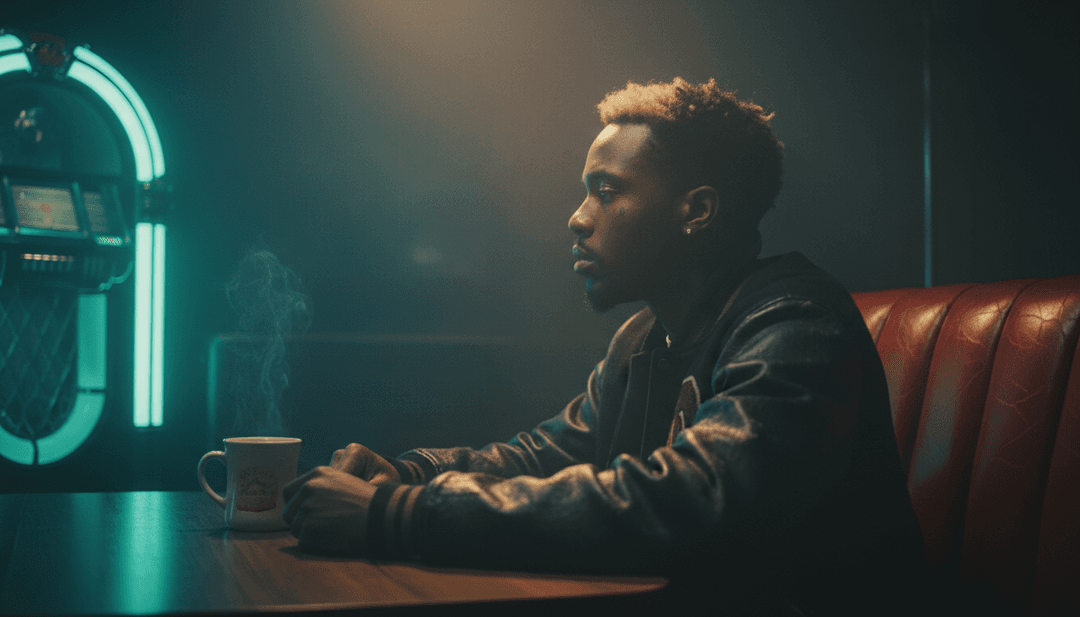 IA interpretando la canción 'Revenge' de XXXTENTACION, mostrando visuales abstractos de folk y indie folk como una figura solitaria silueteada contra un atardecer melancólico.