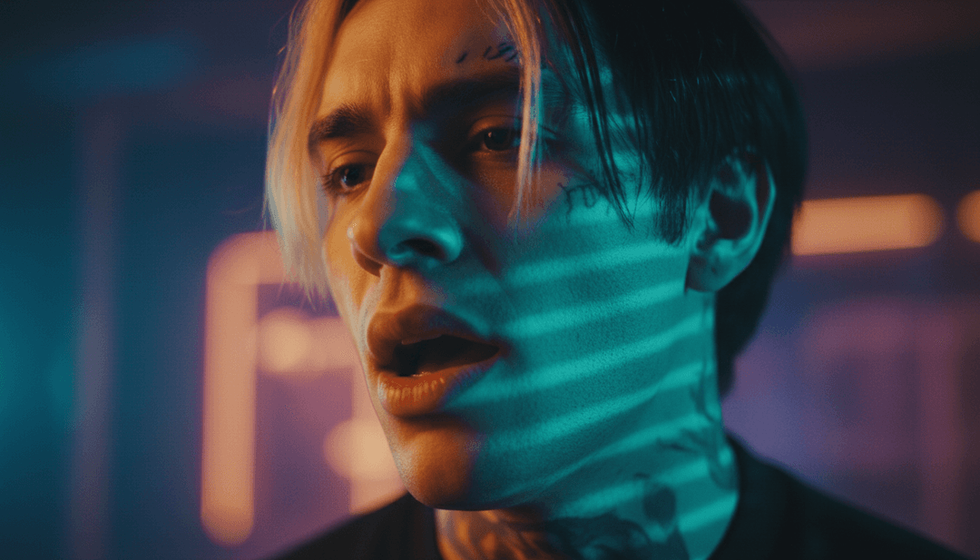 IA generando un video musical para 'Revenge', representando escenas de introspección, soledad y profundidad emocional que coinciden con el género folk de la canción, con sutiles animaciones de lluvia cayendo u horizontes lejanos.