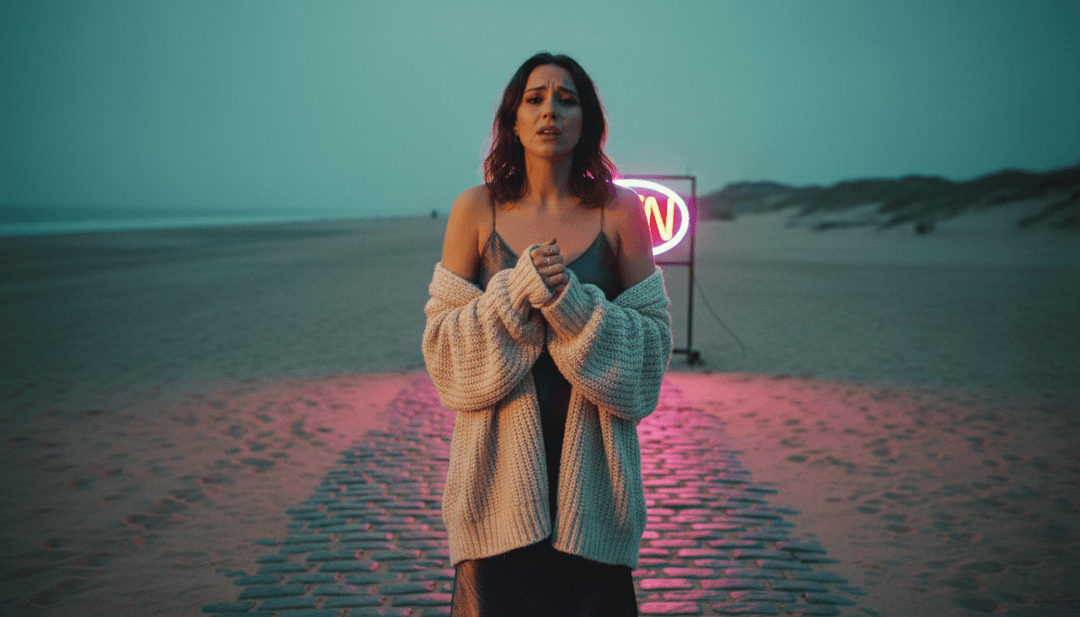 Imagem final do vídeo musical gerado por IA para 'cardigan', exibindo qualidade cinematográfica, com o logo 'freebeat.ai' sutilmente posicionado.