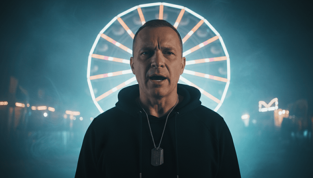 AI 为 'Mockingbird' 生成的动态视觉序列，展示从 Eminem 的声波过渡到父亲安慰孩子的场景，带有模仿 `rap` 节拍和 `lyrics download` 提示的微妙视觉效果。