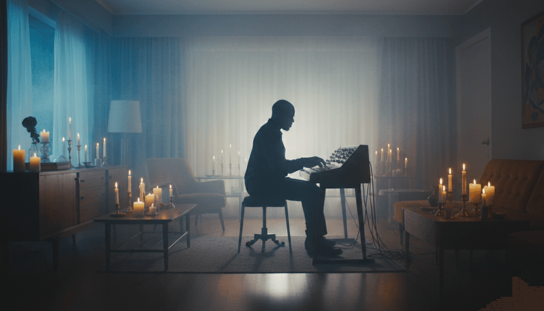 Eine dynamische visuelle Darstellung von Musikwellen, die sich in filmische Landschaftsszenen verwandeln, was einen nahtlosen `MP3 to MP4 converter`-Prozess zeigt.