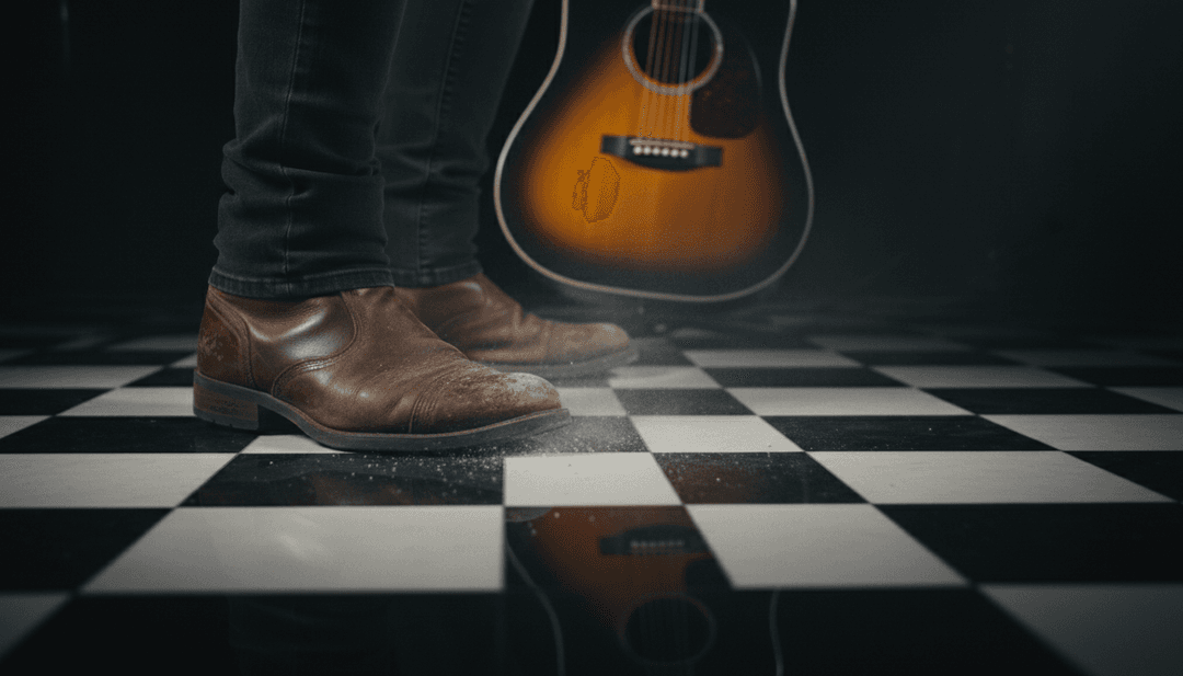 AI 為「Heading South」生成的動態視覺場景，展示一個孤獨的人在日落時分駕車穿越風景優美的鄉村道路，並帶有吉他主題。