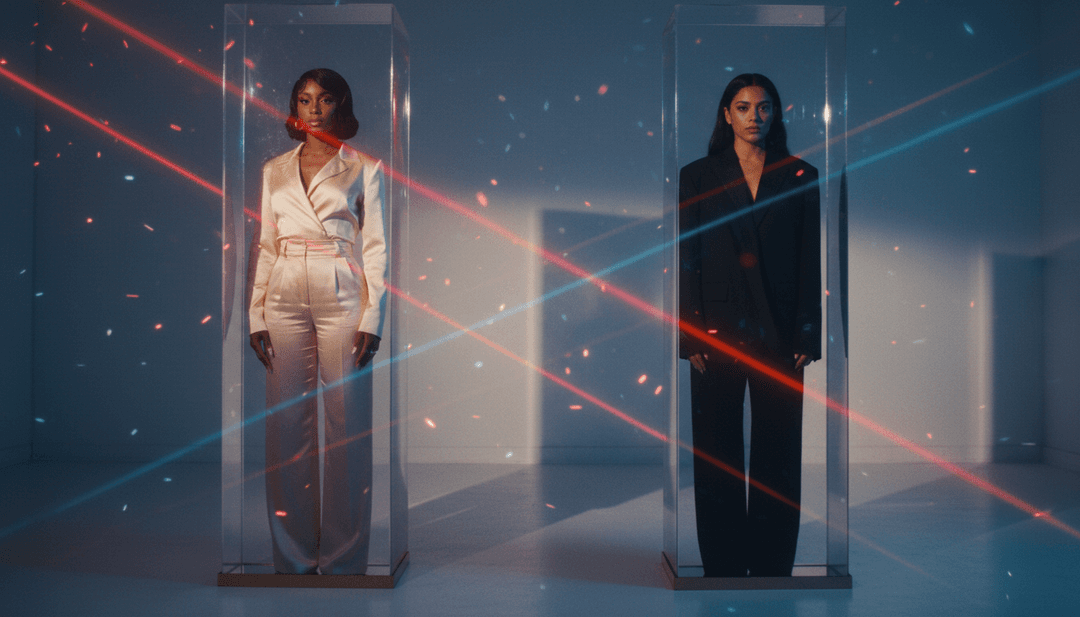 AI 分析 "Escapism." by RAYE, 070 Shake 的声波、歌词和情感数据的抽象可视化，突出嘻哈和 R&B 影响。