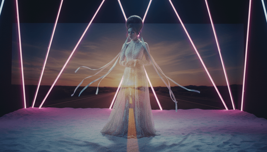 एआई द्वारा उत्पन्न गतिशील दृश्य अनुक्रम, A&W की विविध संगीत शैलियों के परिवर्तन को प्रदर्शित करते हुए — शांत लोक परिदृश्य से लेकर गड़बड़ इलेक्ट्रॉनिक शहरी दृश्यों और कठोर औद्योगिक दृश्यों तक।