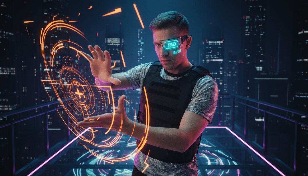 Visualizador generado por IA para la pista de techno de Creeds 'Push Up - Main Edit', con patrones electrónicos abstractos y luces pulsantes.