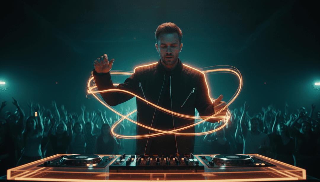 Representación abstracta de ondas sonoras transformándose en elementos visuales, simbolizando la IA interpretando música.