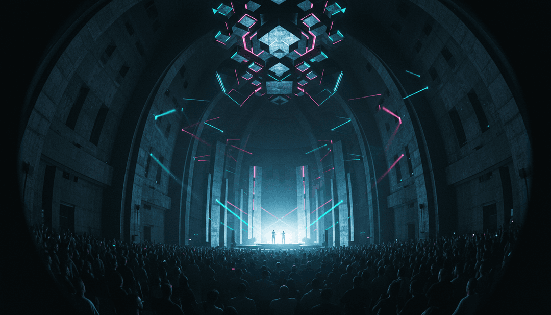 Lebendige, abstrakte Visuals aus geometrischen Mustern und pulsierenden Lichtern, perfekt synchronisiert mit einem bestimmten Beat-Drop und einer Synth-Melodie aus 'Tell Me Why - MEDUZA Remix', generiert von KI.