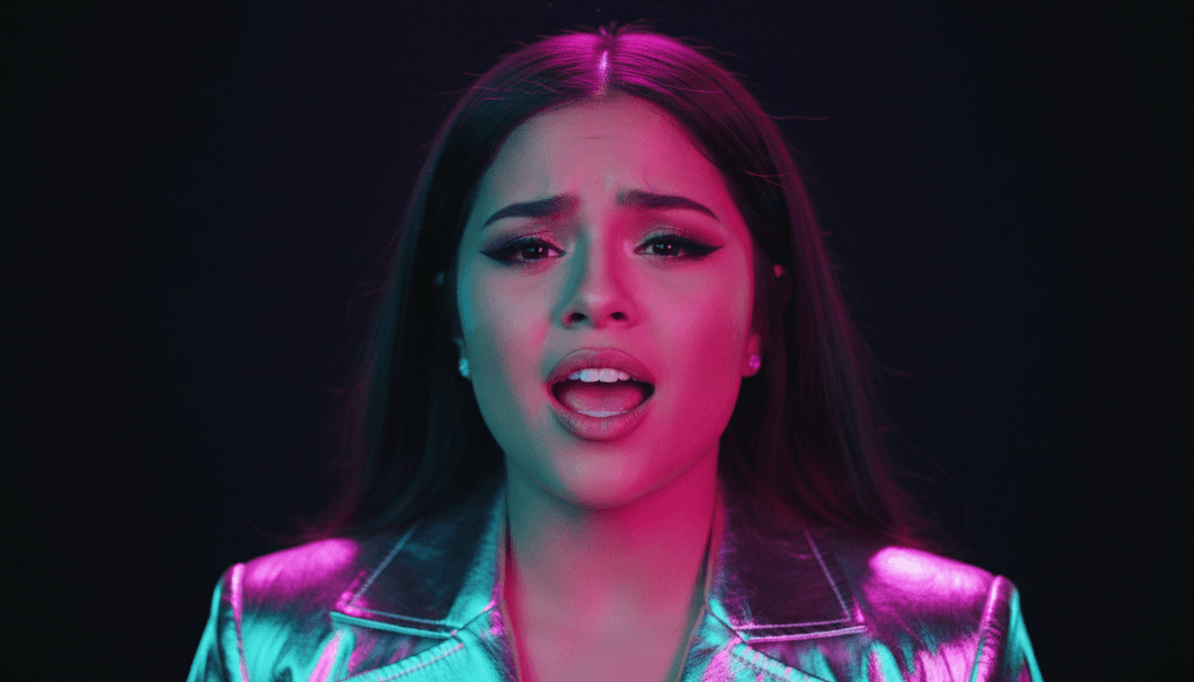Escenas dinámicas de baile, risas y gestos románticos generadas por IA para el video musical 'Shower' de Becky G, mostrando colores vibrantes y movimiento fluido.
