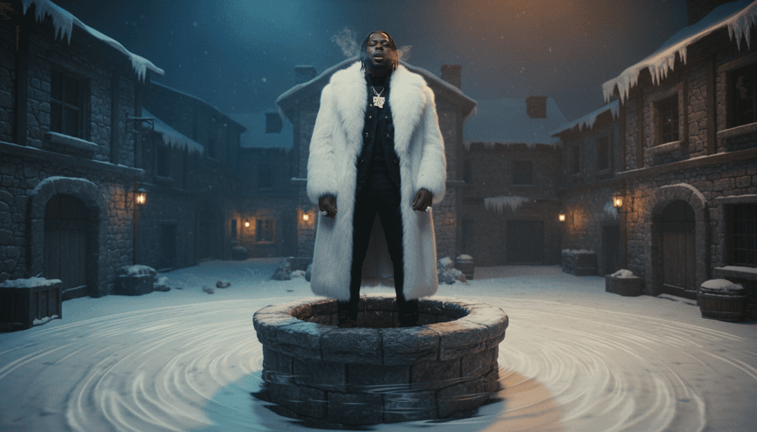 Un montage dynamique de visuels générés par IA, incluant des paysages urbains nets, des représentations abstraites de batailles lyriques et des scènes de foule énergiques, le tout synchronisé au rythme de 'Like That'.