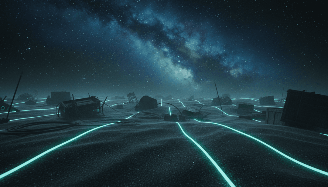 AI che analizza onde sonore e testi di All Time Low di Jon Bellion, raffigurando punti dati emotivi e pattern di sintetizzatore.